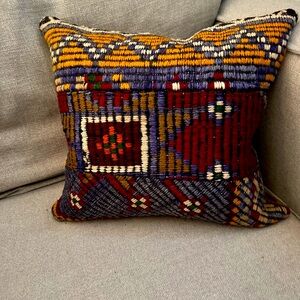 Turkish Kilim Handwoven Wool Accent Pillow cover - Red,Yellow, Blue,Tan & White